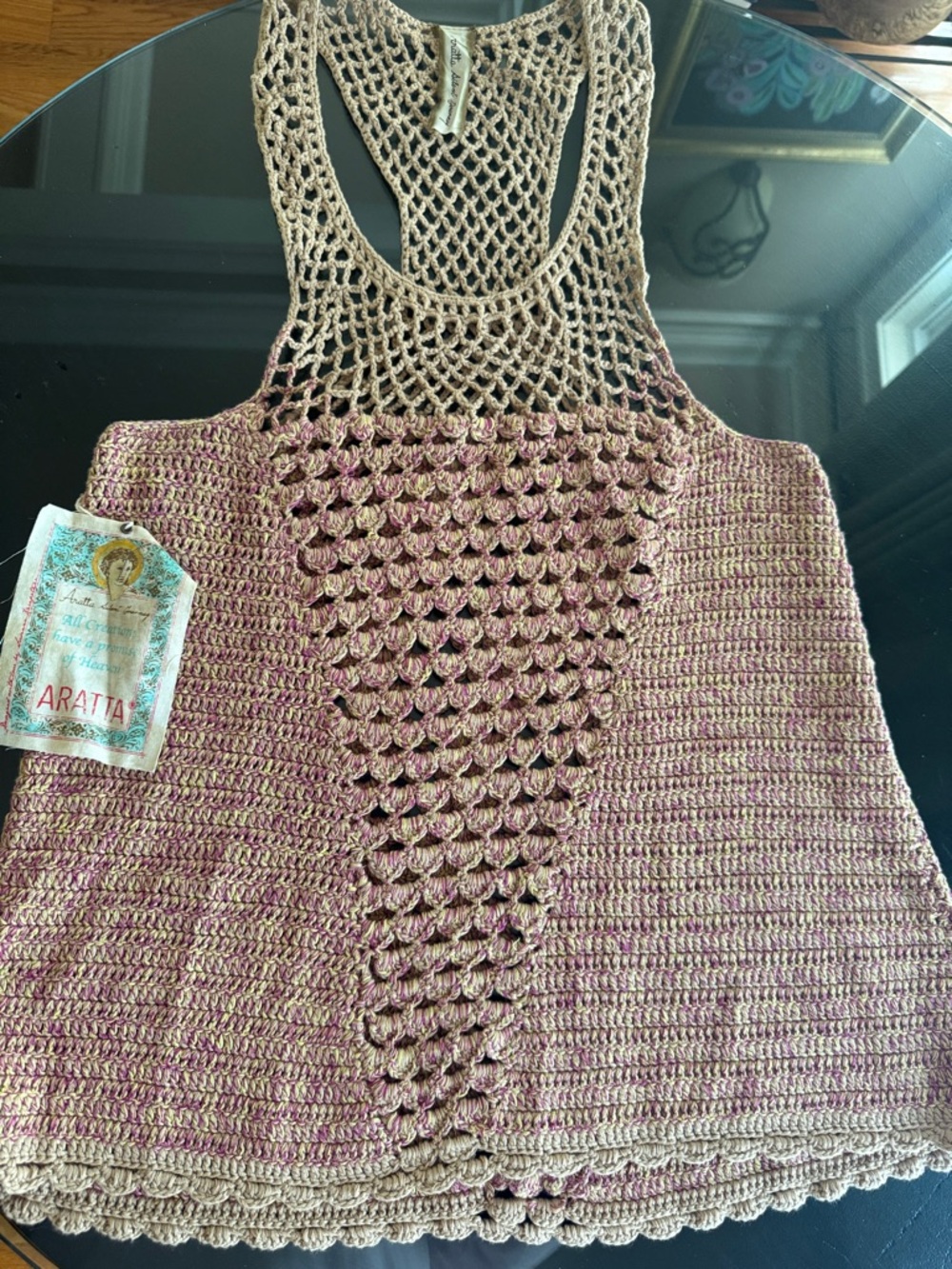 Handmade Crochet Sleeveless Top in Tan and Rose